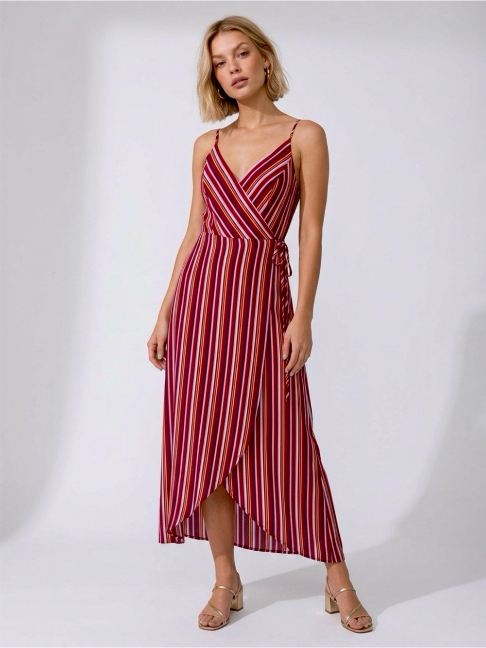 New AQUA Women’s Sz S Resort Maxi Dress In Wine Stripe Sleeveless Wrap V Neck